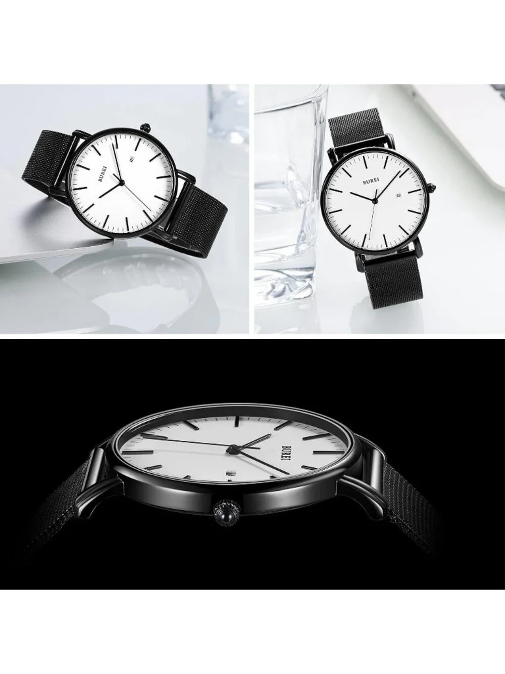Men's Black White Classic Mesh Strap Minimalist Analog Quartz Waterproof Watch